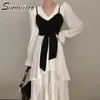 Surmiitro V-шеи корейский стиль шикарный длинный вспышек рукава MIDI длинное платье женщин черный короткий танк Camisole Tops Cread женщина 210712