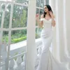 Simple White Satin Mermaid Wedding Dresses Off The Shoulder V-neck Long Bridal Gowns With Detachable Bowknot Court Train Vestidos 2021