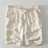 Summer Pure Linen Shorts For Men Classical Knee Length Solid Color Pants High Quality Plus Size Drawstring Shorts 210601