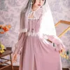 Yosimi mulheres longas vestido elegante estilo chinês vintage hanfu v-pescoço um-linha mid-bezerro rosa chiffon manga noite festa 210604