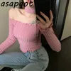 Asapgot Sexy Halter Manga larga Slash Cuello Punto Mujer Camisetas Otoño Nuevo Slim Short Pink Crop Tops Gris Ropa Moda 210306