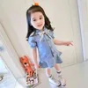 Gooporson Sommer Kinder Kleider für Mädchen Mode Koreanische Denim Kurzarm Prinzessin Kleid Kleines Mädchen Streifen Fliege Kostüm 210715