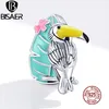 Bisaer Toucan Birds Pärlor 925 Sterling Silver Grön Emalj Djur Charms Hängsmycke Fit DIY Armband Halsband Smycken ECC1531 Q0531