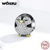 WOSTU 925 Sterling Silver Chubby Penguin Perle Zircon Noir Charms Fit Original Bracelet Collier Pour Femmes Beaux Bijoux CTC126 Q0531