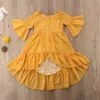 Princess Fashion Toddler Baby Girls Boho Party Dress Long Flare Sleeve Single Breasted Ruffles A-Line Yellow Dress 1-5Y Q0716