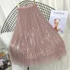 TIGENA 4 Layers Fashion Sequin Tulle Skirt Women Spring Summer Korean Long Maxi Skirt Female High Waist Pleated Skirt Pink 210306