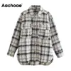 Aachoae Kvinnor Plaid Single Breasted Jacket Coats Fashion Switch Down Collar Fickor Coat Kvinna Streetwear Långärmade Spring Tops