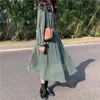 Robe à manches longues de printemps femme robe en mousseline de soie à pois verts coréen élégant Chalaza taille haute a-ligne robe midi tenue décontractée 210604