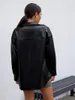 レディースレザーシャツジャケットラペルボタンダウンポケット長袖固体特大シャッカーコート（ブラックとカーキ）
