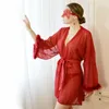 Conjunto de roupa de dormir feminina quimono translúcido transparente malha camisola nupcial roupão de banho sexy