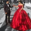 ファッションコルセットQuinceanera Off Shoulder Red Satin Formal Party Gowns Sweetheart Sopeatheart Lace Aptique Ball Gown Prom Dresses