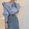 Botão solto coreano para cima Camisa Mola Manga Longa Azul Mulheres Blusa Chic Dupla-Camada Coleira Ruble Elegante Slim Tops 13804 210528