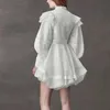 [DEAT] col montant à manches longues à volants broderie chemise blanche taille haute châle robe élégante deux pièces ensemble femmes été 210527