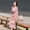 Jesień Drukuj Długa Sukienka Korea Damska Długie Rękaw Szyfon Sexy Maxi Party Dresses dla kobiet Odzież 210602