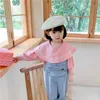 Spring Autumn baby girls big turn-down collar embroidery T-Shirts Korean Style long sleeve casual Tops clothes 210615