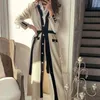 Casual Dresses Contrast Color Fashion Knitted Slim Maxi French Vintage Cardigan Long Sleeve Strappy Dress Vestidos De Mujer 2021