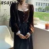 Asapgot French Chic Style Vintage Black Velvet Shirt Women Square Neck Blouse Long Sleeve Autumn Blusas Mujer De Moda 210308