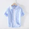 男性半袖100％コットンカジュアルトップス高品質プラスサイズの服210601のための夏の縞模様のシャツ