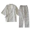 Самурайские мужчины традиционные кииimoono Pajamas наборы хлопковых волн печати V-образным вырезом свободных японских стилей сонные пижамы Haori брюки 210901