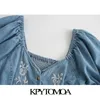 KPYTOMOA Women Fashion Floral Embroidery Cropped Denim Blouse Vintage Lantern Sleeve Back Elastic Female Shirts Chic Tops 210308