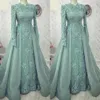 2022 Turquoise Robes De Soirée Musulmanes Porter Manches Longues Appliques Dentelle Robes De Soirée De Bal Dubaï Arabe Occasion Spéciale Robe Formelle Plus Taille Une Ligne