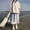 Japanese 2Pcs Suit Women Summer Doll Collar White Shirt + High Waist Plaid Pleated Long Skirt Korean Casual Harajuku Kawaii Set 210619