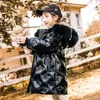Rússia moda meninas inverno à prova de água casaco de pele com capuz parkas crianças espessamento quente brilhar jaqueta acolchoada para 12 outwear 211027