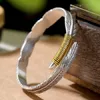 Bangle LeeSell 925 Sterling Silver Feather Bracelet Neutral Simple Ethnic Style Retro Opening Golden Fashion Trend Leaf Female Jewelry