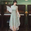 エレガントな中華風チャイナズームMIDIグリーンシースVestidos de Fiesta Sequinsドレス花刺繍ミッドカーフ女性210603