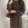 Leopard Chiffon Kvinnors A-Line Sweet Elegance Animal Printed Snygg Full Sleeves Chic Slim Spring Dress 210525