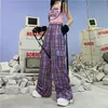 QWEEK Mall Goth Y2K Cargo Pant Hippie Purple Plaid Harajuku Streetwear Chain Checked Trousers Famale High Waist Aesthetic 220211