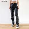 Cargohose Schwarz Kunstleder Hohe Taille Taschen Mode Sexy Gerade Hose Streetwear 220115