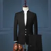 2021 neue Design Navy Blau Männer Hochzeit Anzüge Stehkragen Slim Fit Bräutigam Smoking Männlichen Kleid Prom Beste Mann Blazer 2 stück Set