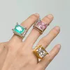 Vintage färgglada fyrkantiga kristall silver färg metall öppen ring för kvinnor flickor smycken y2k fest gåvor