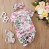 Sommar 2-Piece Baby Floral Print Short-Sleeve Jumpsuit och Headband Set 210528