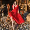 YOSIMI Summer Maxi Elegant Red Chiffon Short Sleeve Long Women Dresses V-neck Vintage Bohemian Female Mid-calf Loose Dress 210604