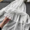 Vrouwen Off Shoulder Solid Dress Sexy Slash Neck A-lijn Ruffle Sundress Summer Bohemian Lace Vacation Midi Jurken 210715