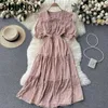 Kvinnor Korean Sweet Floral Dress Turndown-Collar Bow A-Line Dresses Summer Bohemain Print Vacation Midi Dress 210715