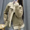 2022 New Women's Jacket Faux Shearling Sheepskin Retro Suede Päls Motorcykeljacka Bälte Löst Zaring Woman Jackets