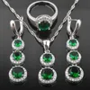 Ensembles de bijoux de mariage pour femmes, couleur argent, bague en zircone verte, collier et boucles d'oreilles de mariée, QZ0493 H1022