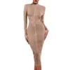 Ocstrade automne hiver femmes à manches longues robe de pansement arrivée marron côtelé Midi moulante Sexy fête 210527