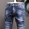 Italienische Mode Männer Jeans Retro Blau Elastische Slim Fit Zerrissene Ausgefranste Loch Vintage Designer Casual Denim Hosen UNV8