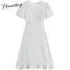 Yitimuceng White Dot Folds Zipper Robes de taille haute Femmes A-Line O-Cou à manches courtes Vêtements d'été Robe française 210601