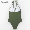 SEASELFIE Sexy V-Ausschnitt Rüschen Neckholder Badeanzug Frau Solid Green Bademode Monokini Strand Badeanzug Beachwear 210712