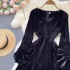 Casual Dresses Autumn Vintage Black Velvet Dress Women Elegant V-Neck Puff Long Sleeve High Waist Party Vestidos Female Mini Robe 2022