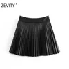 Zevenity Dames Vintage Hoge Taille PU Lederen Geplooide Mini Rok Faldas Mujer Dames Front Buttons Casual Merk Chique Rokken QU689 210629