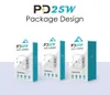 Typ-C 25W PD och QC 3.0 Fast Wall Cellphone laddare US EU UK Plug för iPhone Xiaomi Huawei Mobiltelefon med låda