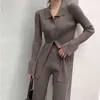 Elegant Knitted Two Piece Set Women Ribbed Zipper Flare Sleeve Shirts Tops And Elastic Waist Pants Suit Slim Female Outfit 211105