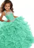 2022 Emerald Green Girls Pageant Dress Ball Gown Long Turquoise Organza Crystals Ruffled Flower Girls Vestidos de fiesta de cumpleaños para Junior EE0216