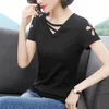 قمصان القطن تتجول سيدة الربيع غير الرسمي على غرار الصيف قصير الأكمام o-neck platwork pulver tshirts tops ZZ0094 210311